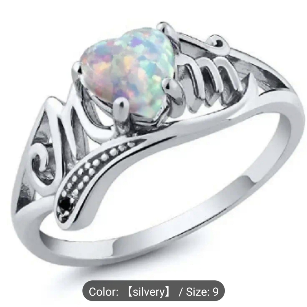 Silver Tone Heart Opal Ring | Romantic Statement Band | Gift for Mom, T2B1O